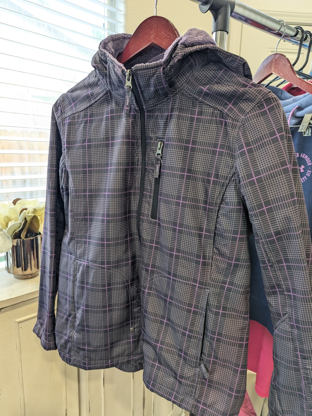 Free Country Gray Plaid Hooded Jacket with Purple Trim